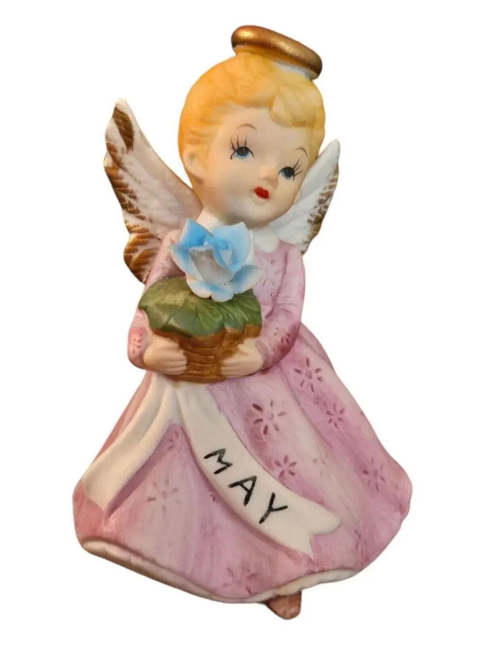 Vintage Porcelain May Birthday Angel Figurine Pink Matte Finish 4 Inch Taiwan
